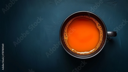  Teacup on dark blue surface, spoon in mid-cup