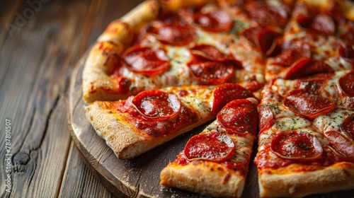  A pepperoni pizza on a wooden platter atop a wooden table One sliced piece removed