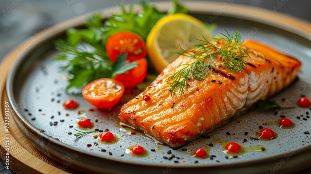 A salmon fillet on a plate, accompanied by sliced tomatoes, and a wedge of lemon A salmon fillet on a plate, accompanied by sliced tomatoes, and a wedge of lemon