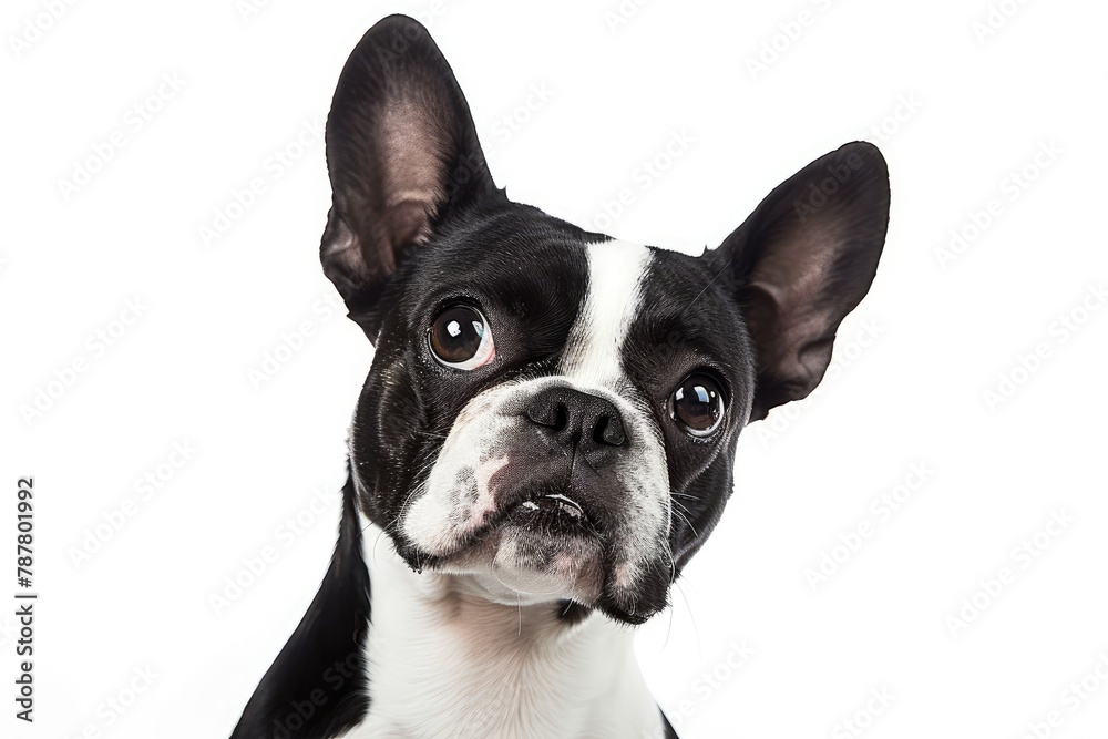 Studio headshot portrait of Boston terrier dog with head tilted looking forward against a white background . photo on white isolated background
