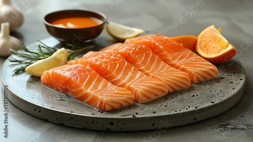  A plate holds salmon, lemon, and garlic Garlic is also minced nearby A small bowl accompanies them, filled with dipping sauce