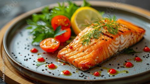  A salmon fillet on a plate, accompanied by sliced tomatoes, and a wedge of lemon
