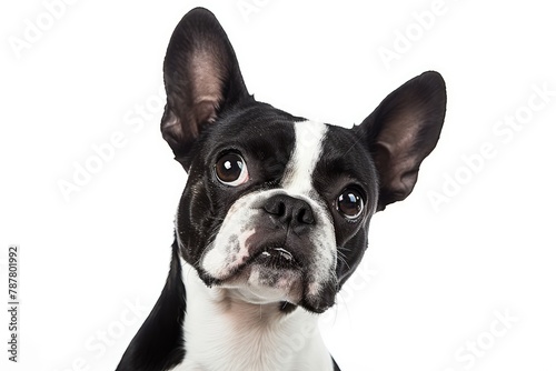 Studio headshot portrait of Boston terrier dog with head tilted looking forward against a white background . photo on white isolated background © Aditya