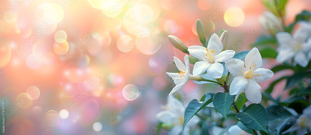 Jasmine blooming in a morning garden, a symbol of Mother's Day in Thailand, isolated on a pastel background with copy space.