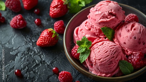   A black surface holds a bowl brimming with raspberry ice cream  garnished by red raspberries and fresh mint leaves