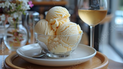   Three scoops of ice cream in a glass bowl on a table, behind it, a glass of wine