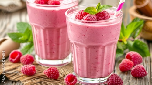  Two glasses of raspberry smoothie on a table, surrounded by fresh raspberries and mint leaves