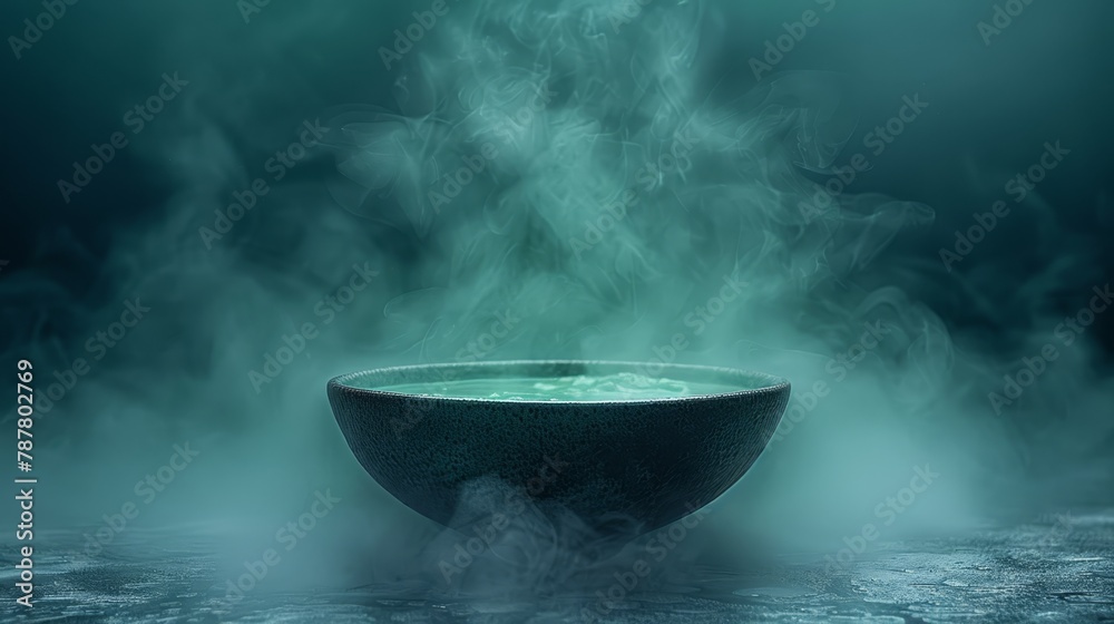 A dark room houses a steaming bowl, billows of vapor escaping its rim Smoke wafts from it as well A dark room houses a steaming bowl, billows of vapor escaping its rim Smoke wafts from it as well