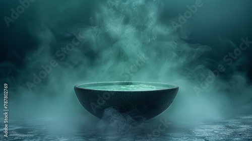   A dark room houses a steaming bowl, billows of vapor escaping its rim Smoke wafts from it as well photo