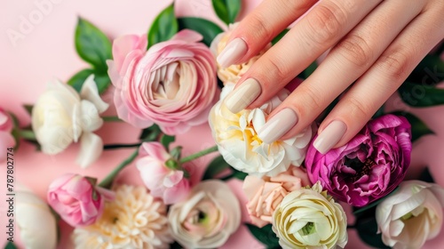  A manicured hand against a pink and white backdrop, filled with blooming flowers in a close-up view