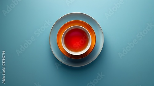  A cup of tea on a blue table, the saucer beneath it A spoon nearby