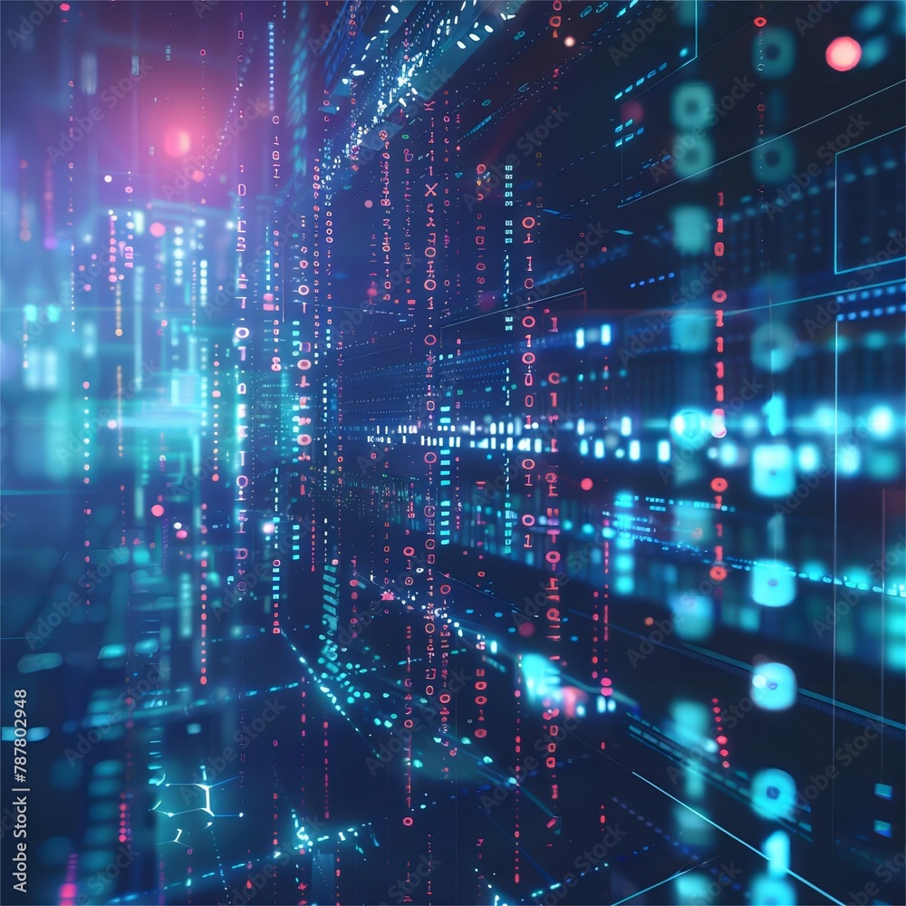 Obraz premium Digital data streams across a background with binary code and light rays, representing the fast movement of big tech digital transformation in business technology