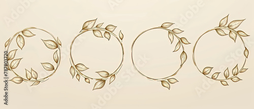 three oval frames with leaves and flowers on a beige background