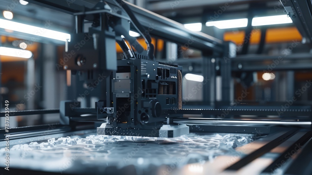 An advanced 3D printing facility fabricating intricate objects and structures with unprecedented speed and precision, revolutionizing manufacturing and construction with customizable