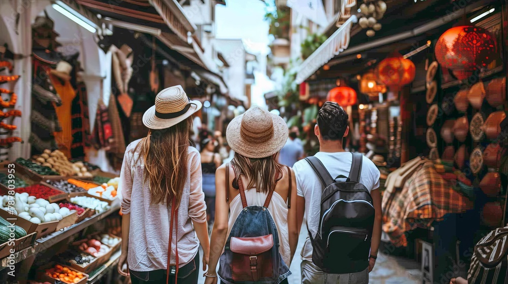 Group of friends exploring an ancient city narrow alleyways and vibrant markets Group of friends exploring an ancient city narrow alleyways and vibrant markets