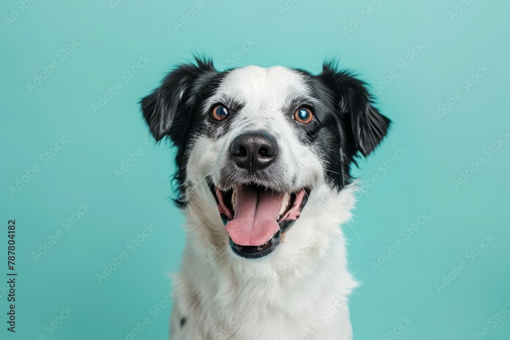 studio portrait of large white and black mixed breed dog with tongue sticking out against a blue background . photo on white isolated background