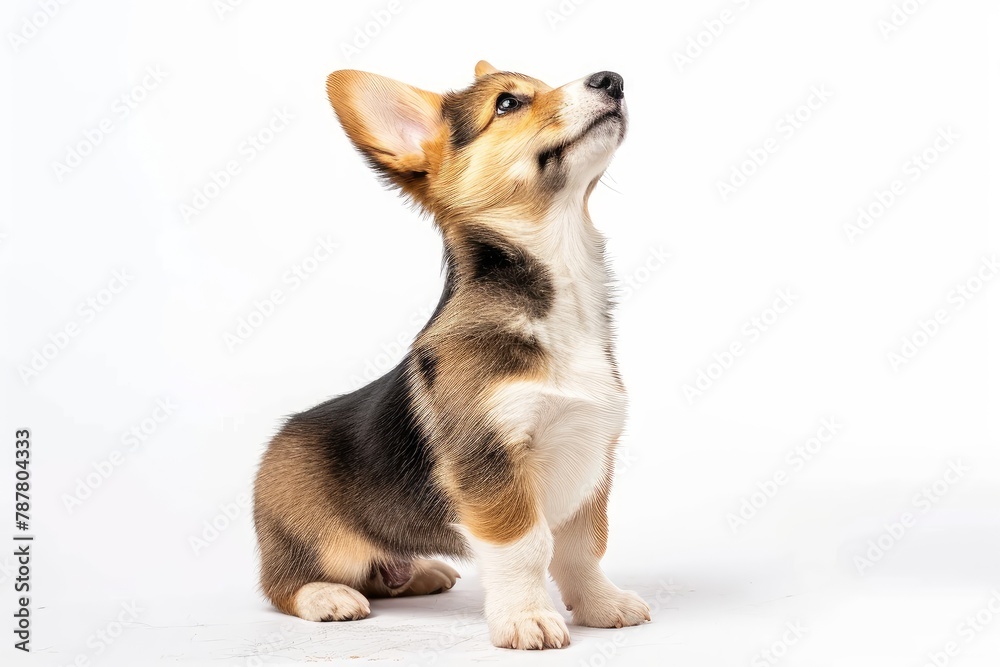 studio portrait of Pembroke Welsh Corgi puppy standing on hind legs against a white background