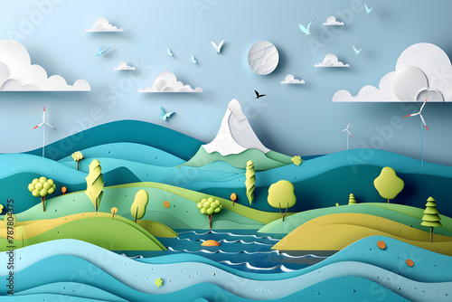 World Environment Day. Environmental protection, renewable energy resources. 3d paper cut art style photo
