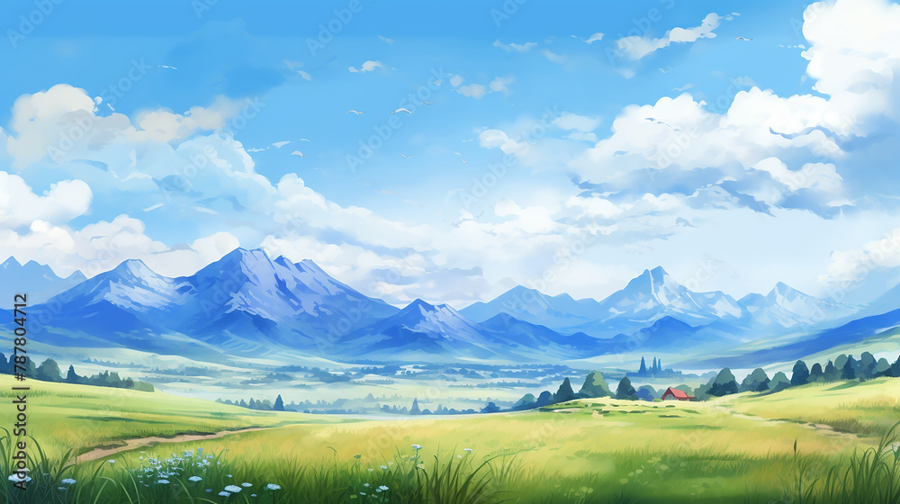panorama of landscape with mountains meadow valley with blue sky in cartoon illustration