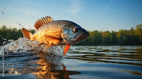 bass fish jumping and creating ripples on a calm lake