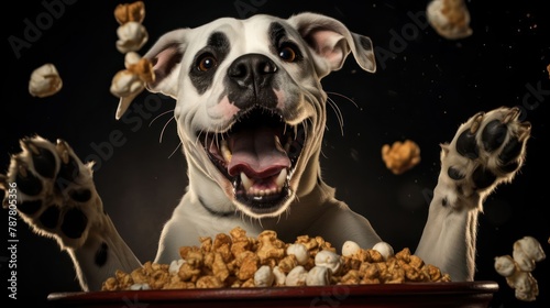 Boxer catching popcorn in mid-air with excitement photo