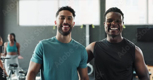 Fist bump, fitness and face of men in gym for training, exercise and cardio workout together. Happy, friends and portrait of people with hand gesture to greet with wellness, healthy body and sports photo