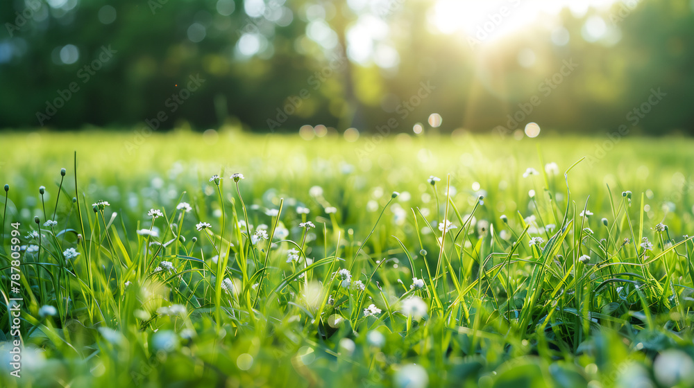 Fototapeta premium Meadow field with fresh grass flowers in nature garden.
