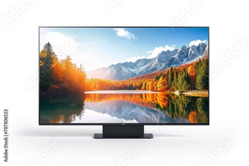 TV 4K flat screen lcd or oled, plasma realistic, White blank HD monitor mockup, Modern video panel white flatscreen on isolated white background. with picture nature landscape. photo