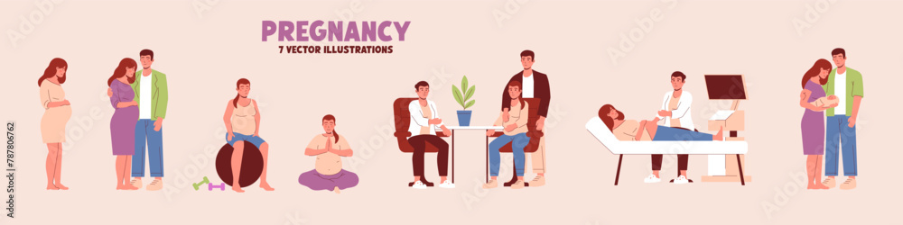 Pregnancy illustration set. Pregnancy activity illustration.
