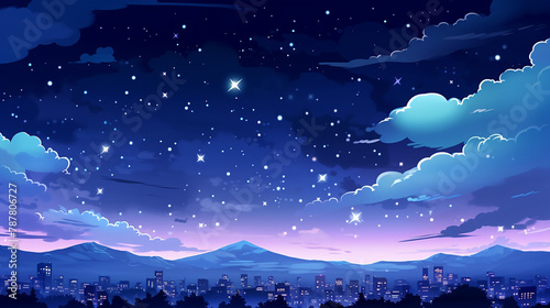 view of the city at night with stars and comet in cartoon illustration © Aura