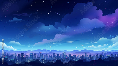 beautiful view of the city at night with stars and comet in cartoon illustration