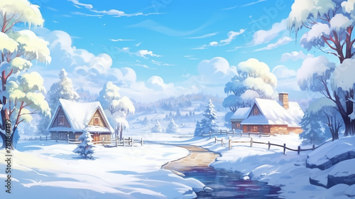 winter landscape with snow covered houses in cartoon illustration
