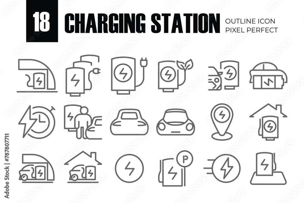 Car Charging Station Related Vector Line Icons. Contains such Icons as Electric socket station, Car plugged to charge, Battery and more. Editable Stroke