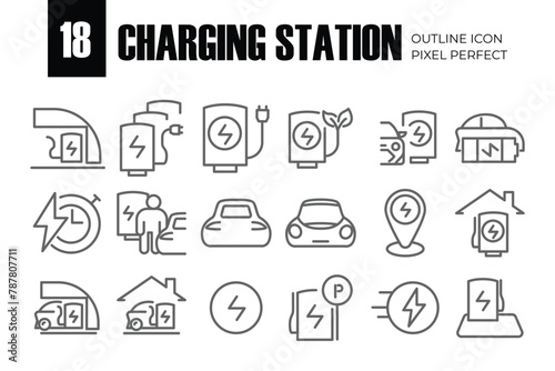Car Charging Station Related Vector Line Icons. Contains such Icons as Electric socket station, Car plugged to charge, Battery and more. Editable Stroke