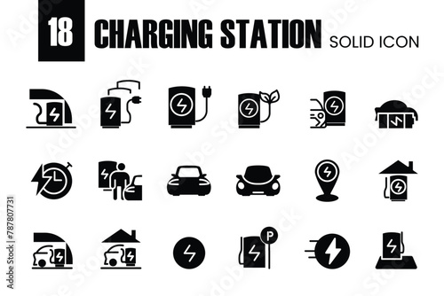 Car Charging Station Related Vector solid Icons. Contains such Icons as Electric socket station, Car plugged to charge, Battery and more. Editable Stroke