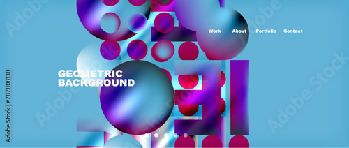 A vibrant geometric background featuring circles and squares in shades of violet, magenta, and azure on a deep blue backdrop. A visually stunning design for entertainment or liquid product packaging