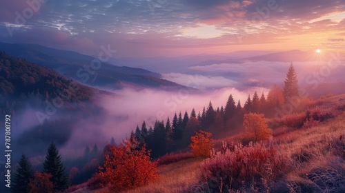 cold fog in the rural valley of Carpathian mountain range with sun and moon at twilight. trees with colorful foliage on the hillside meadow in morning light. photo
