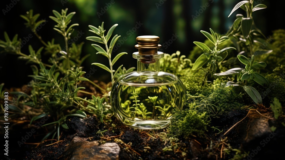 perfume bottle surrounded by the aromatic richness of basil and rosemary perfume bottle surrounded by the aromatic richness of basil and rosemary