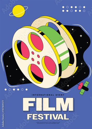 Movie festival poster template design with film reel modern vintage retro style.