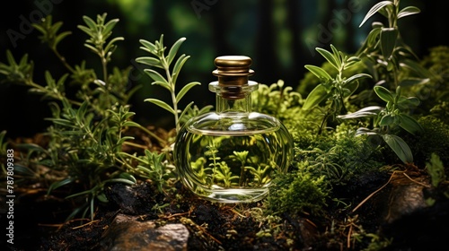 perfume bottle surrounded by the aromatic richness of basil and rosemary