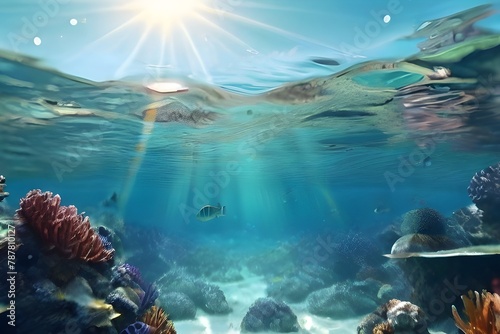 Beautiful summer nature scene with underwater view of turquoise ocean and sunlight. Generative AI