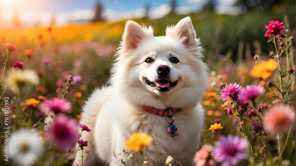 A playful American Eskimo dog, frolicking in a field of wildflowers, its fur catching the sunlight and creating a beautiful contrast against the colorful blooms. A playful American Eskimo dog, frolicking in a field of wildflowers, its fur catching the sunlight and creating a beautiful contrast against the colorful blooms.
