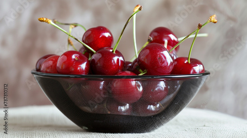 A glass bowl filled with cherries, a delicious and natural fruit, sits on a table. Cherries are a staple food and popular ingredient in many cuisines and recipes photo