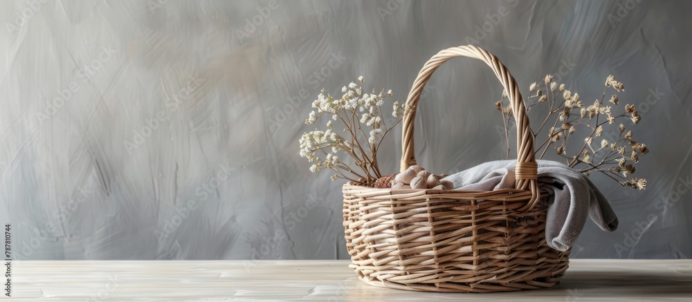 Gift basket displayed against a gray backdrop. - obrazy, fototapety, plakaty 