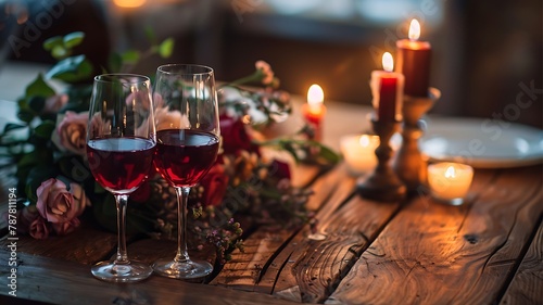 The scene for a romantic evening with a photo capturing the ambiance of a dinner table adorned with a bouquet of flowers  two glasses of red wine and flickering candles on a wooden table