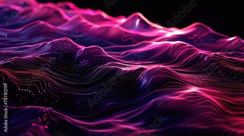 Dynamic 3D rendering featuring neon waves in a dark space, forming an energetic and futuristic background
