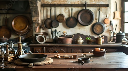 Actual rustic kitchen with utensils for cooking table at the foreground photo