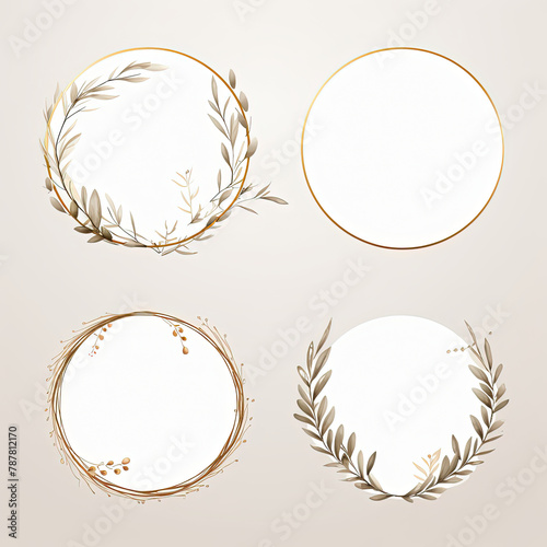 a set of four round frames with golden leaves and branches