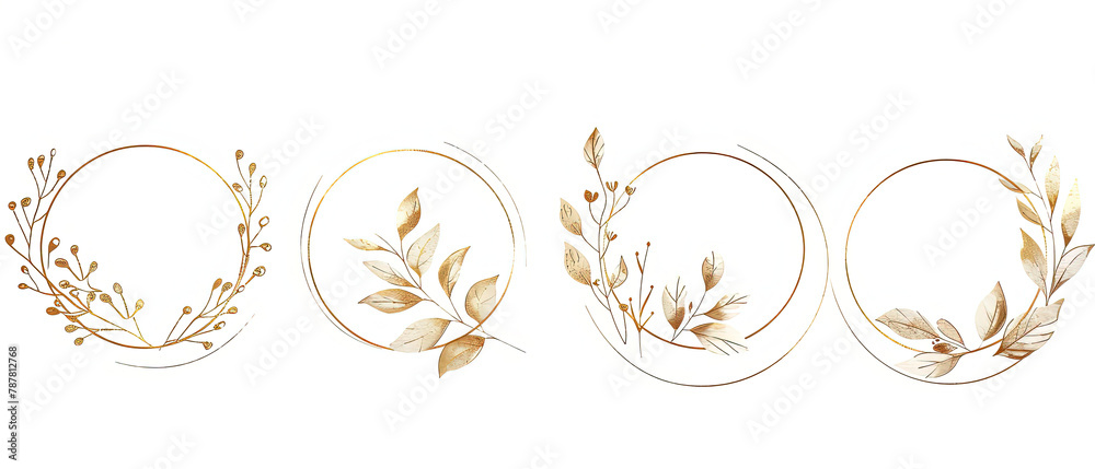 three gold frames with leaves and branches on them - obrazy, fototapety, plakaty 