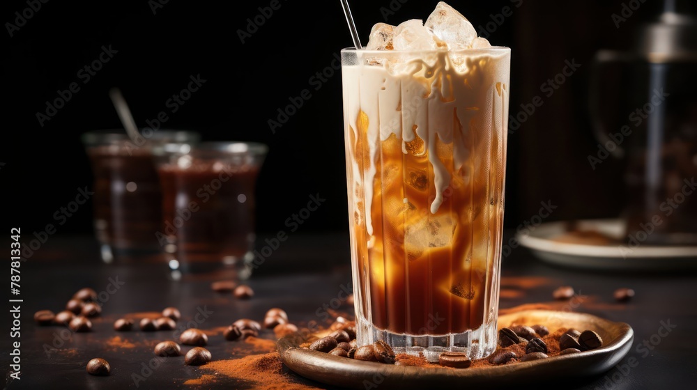 tall glass of iced coffee with a swirl of condensed milk and coconut water ice cubes tall glass of iced coffee with a swirl of condensed milk and coconut water ice cubes